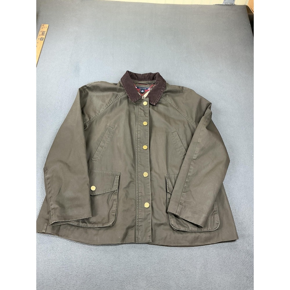 Tommy Hilfiger Jacket Mens L Green Rain Coat Cotton Canvas Lined Pockets Zip